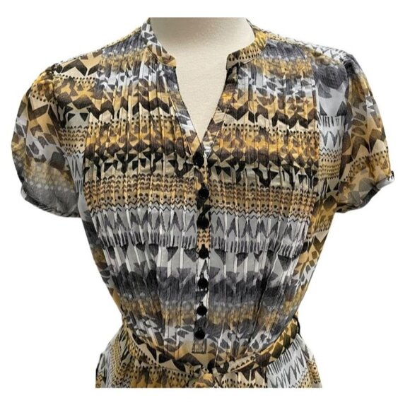 Robert Louis Womens Mustard & Ivory Geometric Print Button-Front Midi Dress With - Picture 3 of 11